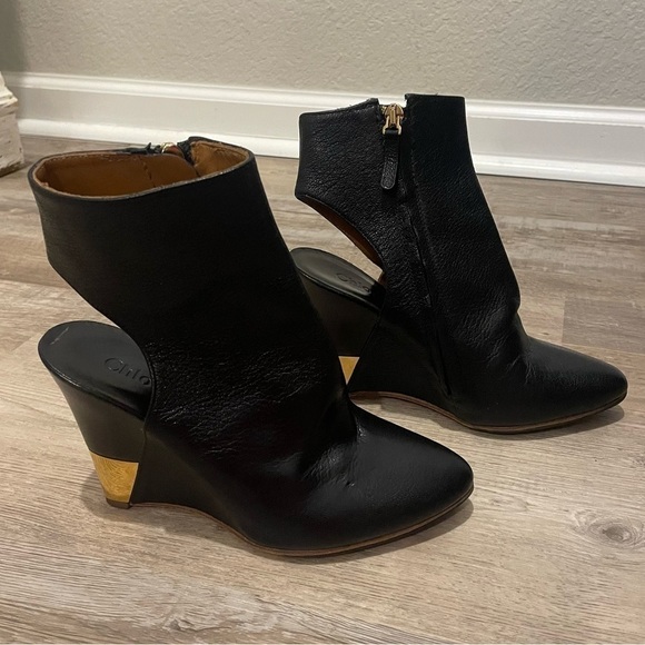 Chloe Open Back Wedge Boot in Black Leather with Gold Accents - Picture 3 of 6